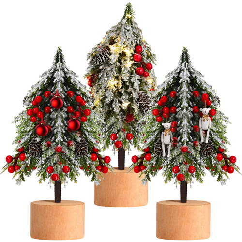 3 Pieces Mini Artificial Christmas Trees Miniature Christmas Trees with Red Berries Snow Flocked Christmas Pine Tree Tabletop Xmas Trees Small Spray Snow Holiday Craft Trees Table Decor with Wood Base