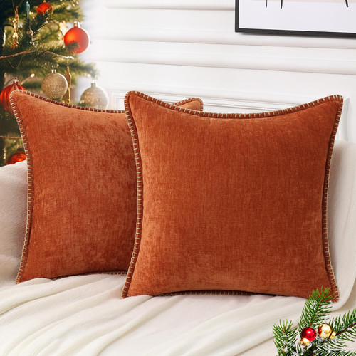 decorUhome Chenille Soft Fall Throw Pillow Covers 18x18 Set of 2, Farmhouse Velvet Pillow Covers, Decorative Square Pillow Covers with Stitched Edge for Couch Sofa Bed, Rust