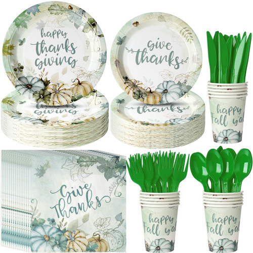 Thanksgiving Paper Plates and Napkins Set Serve 25, Watercolor Fall Pumpkin Thanksgiving Disposable Dinner Dessert Plates, Rustic Fall Harvest Dinnerware for Fall Thanksgiving Banquet Party Supplies