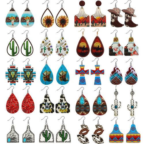 20 Pairs Boho Western Cowgirl Cowboy Earrings Set Western Teardrop Dangle Earrings Vintage Cow Print Leather Bohemian Turquoise Wood Jewelry for Women Girls