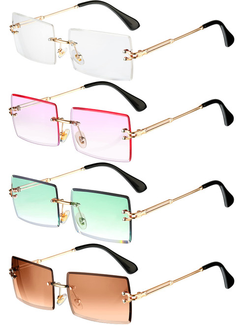 4 Pairs Rimless Rectangle Sunglasses Frameless Square Glasses Vintage Transparent Eyewear for Women Men (Chic Colors)