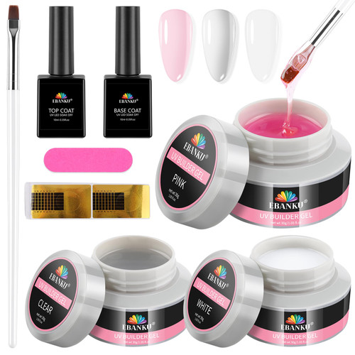EBANKU Builder Gel for Nails Kit, 3 colors U V Builder Nail Gel Hard Gel for Nail Extension with 1.05oz Clear&Pink&White Builder Nail Gel and Base/Top Coat, 100pcs Nail Forms and Manicure Starter Kit