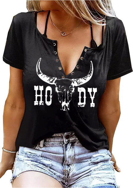 V-Neck Howdy Tshirt Women Western Country Cowboy Shirts Vintage Rodeo Cowgirl Tee Tops Leopard Honey Hat T-Shirt (XL, Black 2)