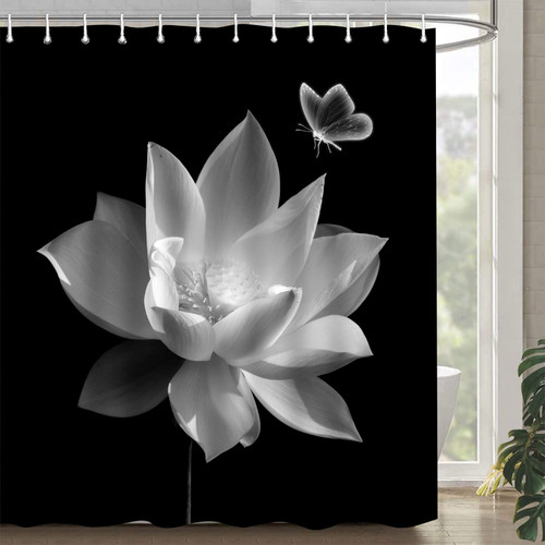Lotus Shower Curtain Black and White Flower Butterfly Elegant Floral on Black Background Modern Night Scenery Unique Simple Women Girls Fabric Polyester Bath Curtains Bathroom Set Hooks 78x70 Inch