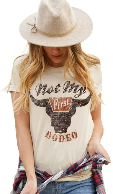 GEMLON Not My First Rodeo Cowgirl Western T-Shirt Tee Womens Casual Country Concert Short Sleeve Shirt Tops Apricot M