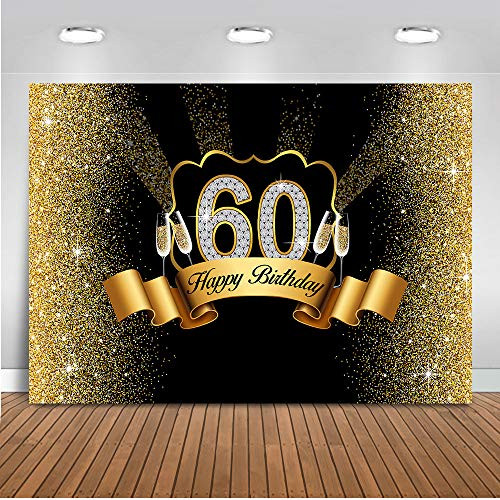 Mehofoto 60th Birthday Backdrop Golden Black Champagne Happy 60 Birthday Background 7x5ft Vinyl 60th Party Banner Supplies Backdrops