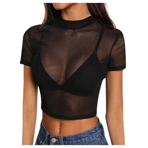 Aniywn Women's Long Sleeve Short Sleeve Glitter Sheer Mesh Tops See-Through Short Blouse Tee T Shirt Blouse Clubwear Black