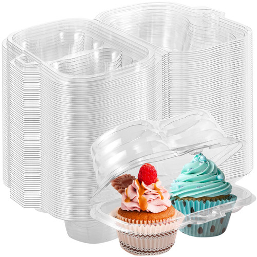 Vyndicca 50Pcs Cupcake Containers Disposable,2 Cavity Cupcake Boxes,Clear Cupcake Holder,Stackable Deep Dome Cupcake Carrier with Lid for Cupcakes Muffins Pies,BPA-Free