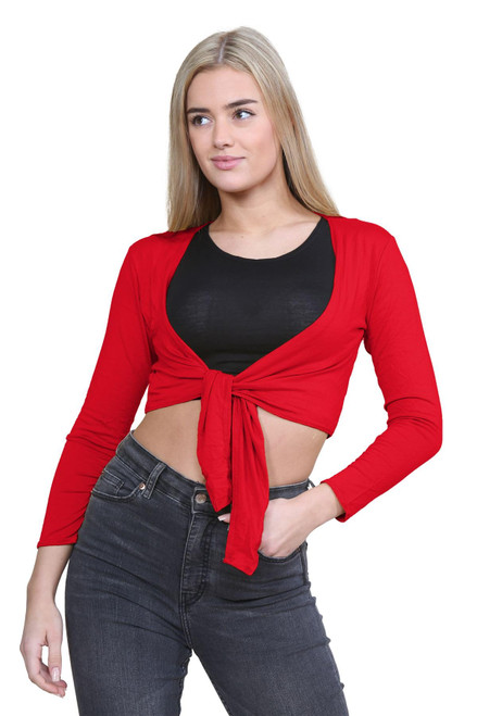 Womens Plain Bolero Front Tie Shrug Cropped Long Sleeve Stretch Cardigan Top Red