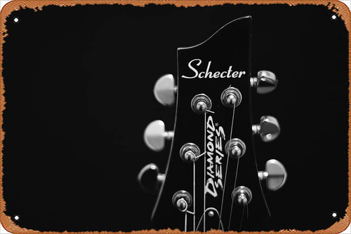 Cloxks - Black Schecter guitar headstock, instrument, music, string, acoustic guitar Vintage Poster 8x12 Inches Retro Vintage Metal Tin Sign for Home Bar Pub Garage Decor Gifts