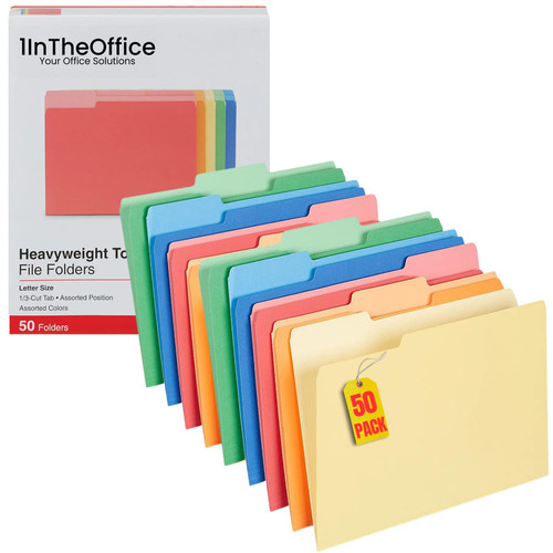 1InTheOffice Colored File Folders Letter Size, File Folders Heavy Duty 1/3 Cut Tab, Top-Tab 3 Tab, 5 Assorted Colors, 50/Pack