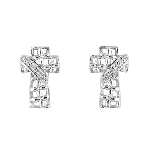 Studded Banner Ornate Square Pattern Cross Religious Clear Simulated CZ .925 Sterling Silver Earrings Studded Banner Ornate Square Pattern Cross Religious Clear Simulated CZ .925 Sterling Silver Earrings