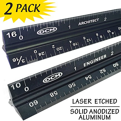 OCM 2 Pack - Laser Etched Engineer & Architect Ruler - Anodized (Solid Extruded Aluminum) Imperial Scales 12 Inches - Civil, Engineering, Architectural, Mechanical, Drafting