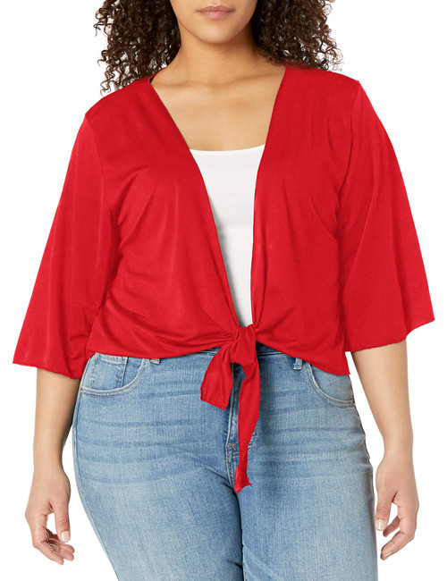 Star Vixen Women's Plus-Size 3/4 Sleeve Tiefront Shrug, red Solid, 3X