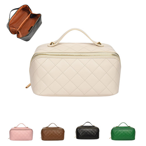 Makeup Bag - Large Capacity Travel Cosmetic Bag, Portable Leather Waterproof Women Travel Makeup Bag Organizer, with Handle and Divider Flat Lay Checkered Cosmetic Bags (White) Makeup Bag - Large Capacity Travel Cosmetic Bag, Portable Leather Waterproof Women Travel Makeup Bag Organizer, with Handle and Divider Flat Lay Checkered Cosmetic Bags (White)