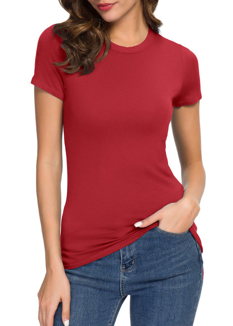 Women's Crewneck Slim Fitted Short Sleeve T-Shirt Stretchy Bodycon Basic Tee Tops (M, Red)