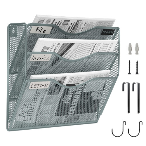 BOHDK Wall File Organizer, 3 Tire Hanging File Folder Organizer, Vertical Mesh Metal Door/Wall Mount Hanging File Holder, Paper Document Magazine Rack with Hooks for Home Office Silver