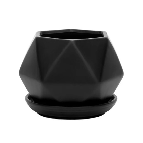 Napco Matte Black Geometric Ceramic Pot for Indoor Plants Planter with Saucer, 3.75-Inch, Large