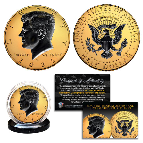 24K Gold 2-Sided 2022 JFK Kennedy Half Dollar Coin with Black Ruthenium - Philadelphia Mint