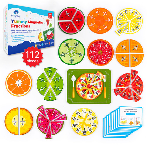 Simply magic 112 PCS Yummy Magnetic Fractions - Magnetic Fraction Circles, Bars, Magnetic Math Manipulatives, Fraction Manipulatives Class Set Elementary Classroom, 1st, 2nd, 3rd, 4th, 5th Grade