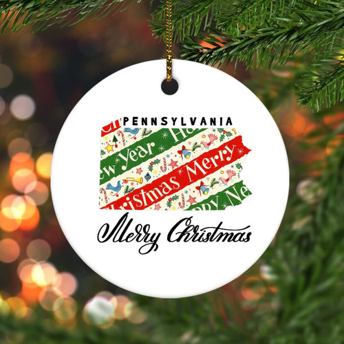 Flat Circle Ceramic Christmas Ornaments,Merry Christmas US Pennsylvania State Map Ornaments for Christmas Tree Hanging Decorations Funny Holiday Keepsake Memorial Xmas Gifts for Friends