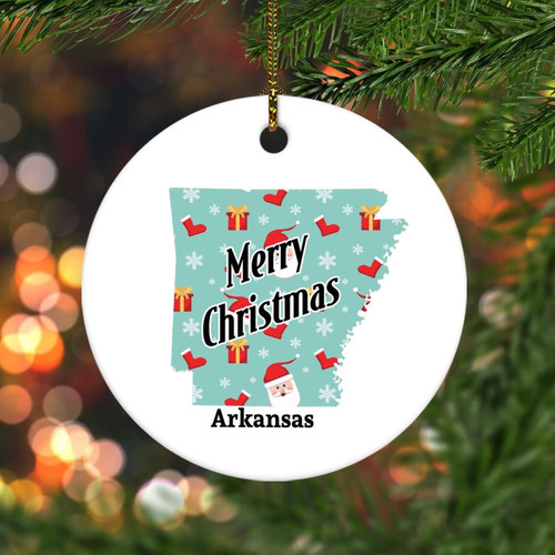 Flat Circle Ceramic Christmas Ornaments,Merry Christmas US Arkansas State Map Ornaments for Christmas Tree Hanging Decorations Funny Holiday Keepsake Memorial Xmas Gifts for Friends
