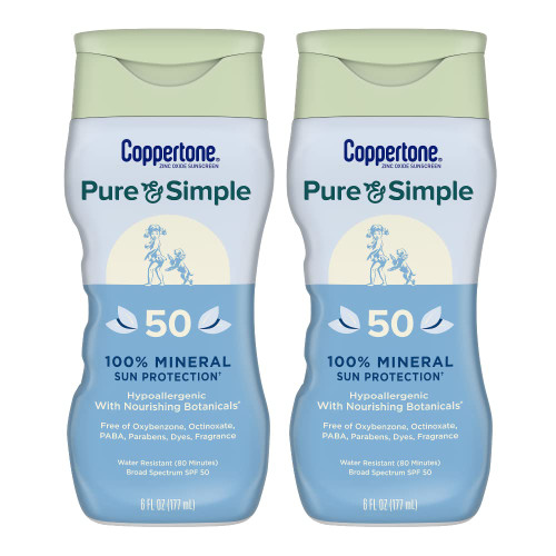 Coppertone Pure and Simple Sunscreen Lotion, SPF 50 Broad Spectrum Sunscreen with Zinc Oxide, 6 Oz, Pack of 2 Coppertone Pure and Simple Sunscreen Lotion, SPF 50 Broad Spectrum Sunscreen with Zinc Oxide, 6 Oz, Pack of 2