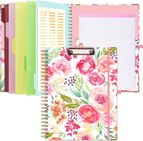 Hiyong Clipboard Folio with Refillable Notepad, Cute Clipboard 5 Dividers with 10 Pockets, Spiral Clipboard Folder with Pen Loop for School, Office and Nursing (Flower)