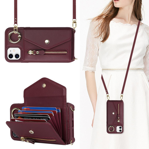 Lipvina for iPhone 11 Case Wallet with Strap for Women - Crossbody Lanyard, Zipper Pocket, Credit Card Holder, Ring Stand - RFID Blocking Phone Wallet Case for iPhone 11 (6.1 inch,Wine Red)