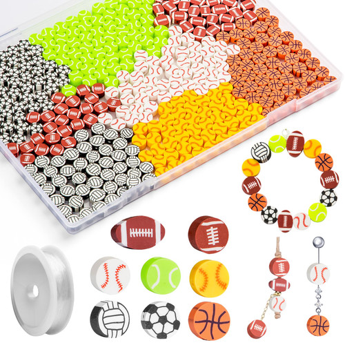 480 Pieces Sports Ball Beads, Polymer Clay Beads with Baseball, Basketball, Football, Volleyball, Tennis, Christmas Gift, DIY Crafts Beads for Christmas Craft Decoration Bracelets Pendants