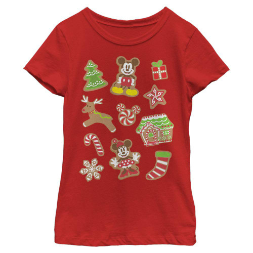 Disney Characters Gingerbread Mouses Girl's Solid Crew Tee, Red, Small