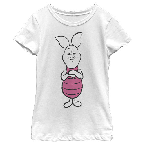 Disney Winnie The Pooh Basic Sketch Piglet Girl's Solid Crew Tee, White, Medium