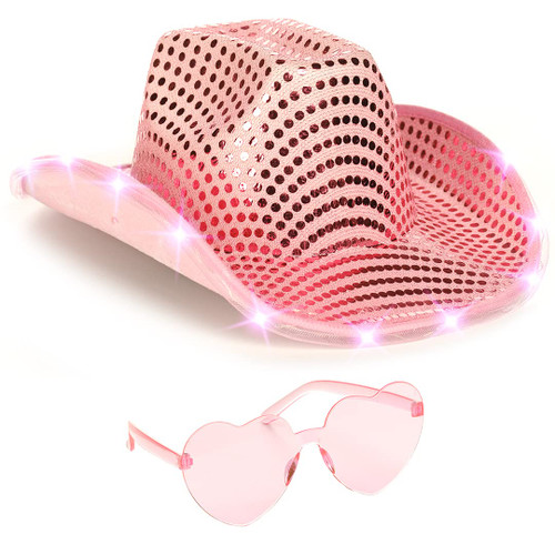 Funcredible Space Cowgirl Hat - Pink Light Up Cowboy Hat with Glasses - Halloween Cow Girl Costume Accessories - Fun Rodeo Party Hats and Goggles for Kids, Girls and Women