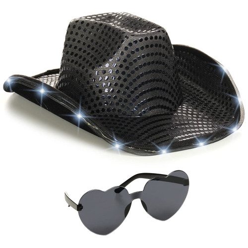 Funcredible Space Cowgirl Hat - Black Light Up Cowboy Hat with Glasses - Halloween Cow Girl Costume Accessories - Fun Rodeo Party Hats and Goggles for Kids, Girls and Women