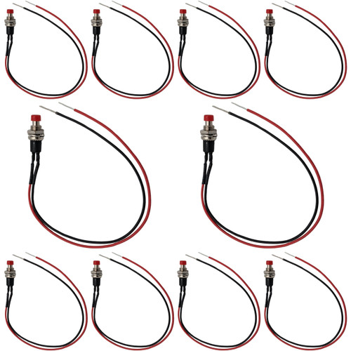 10 Pack of Momentary Switches with 8" Wire Leads, Normally Open, Panel Mount, Round Red Push Button - EX ELECTRONIX EXPRESS