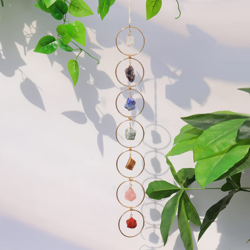 Pozbee 7 Chakra Crystal Hanging Ornament, Unique Housewarming Gift, Spiritual Dream Catcher Boho Decor, Natural Chakra Stones Amethyst Suncatcher, Rose Quartz Healing Crystal (Gold)