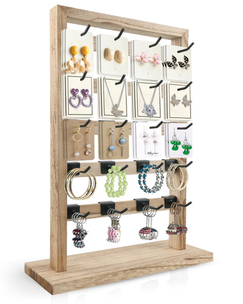 Fumingpal Earring Display Stands for Selling, Wooden Jewelry Display Rack with 20 Removable Hooks, 5-Tier Jewelry Organizer for Earring Cards, Necklaces, Bracelets, Keychains