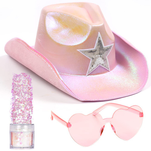 Funcredible Holographic Pink Space Cowgirl Hat - Neon Sparkly Cowboy Hat, Glasses and Glitter Set - Halloween Cow Girl Costume Accessories - Fun Rodeo Party Hats and Goggles for Kids, Girls and Women