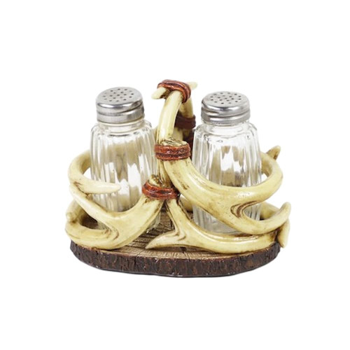The Bridge Collection Antler Salt and Pepper Shaker Set - 3 Piece Set - Antler Salt & Pepper Shakers - Rustic Lodge Kitchen Tabletop Decor for Cabins