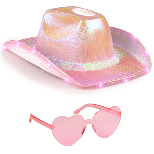 Funcredible Light Up Cowboy Hat for Women - Pink Holographic Space Cowgirl Hat with Glasses - Halloween Cow Girl Costume Accessories - Fun Rodeo Party Hats and Goggles for Kids, Girls and Women