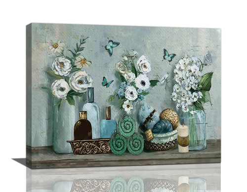 Flowers Bathroom Wall Art Farmhouse Floral in Mason Vase Bathroom Pictures Wall Decor Teal Bathroom Canvas Painting Prints Rustic Butterfly Country Framed Artwork for Bathroom Laundry Room 12"x16"