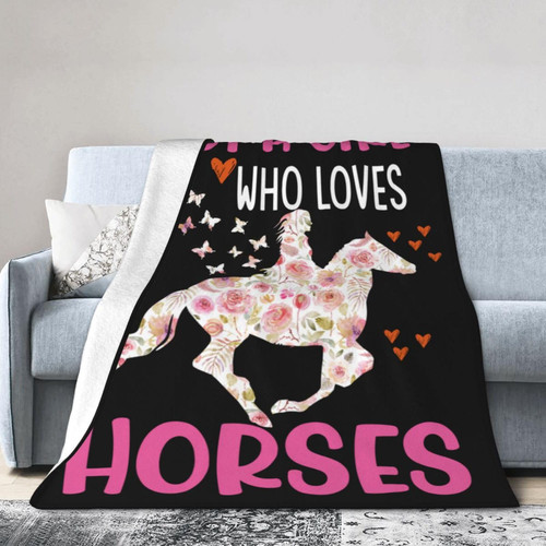 Just A Girl Who Loves Horses Throw Blanket Soft Lightweight Blanket 3D Printed Comfortable Warm Flannel Blanket for Bedroom Living Room Sofa Couch All Seasons(50"x40")