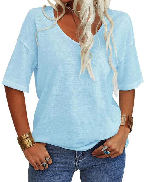 Danedvi Women Fashion V-Neck Half Sleeves T Shirt Solid Casual Loose Basic Tops (X-Large, Light Blue)