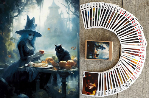 FLONZGIFT Wicca Witch Playing Cards (Poker Deck 54 Cards All Different) Elegant Witch Ladies with Black Cats Drinking Wine on Cemetery Vintage Illustration FLONZGIFT Wicca Witch Playing Cards (Poker Deck 54 Cards All Different) Elegant Witch Ladies with Black Cats Drinking Wine on Cemetery Vintage Illustration