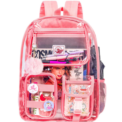 Clear Backpack for Girls Women, Heavy Duty PVC Transparent Bookbag, Cute See Through School Bags for Teens Elementary - Light Pink