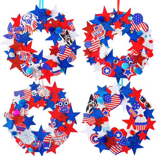 Winlyn 12 Sets 4th of July Craft Kits Patriotic Crafts DIY Patriotic Wreath Signs Ornaments Decorations Art Sets Red White Blue Star USA Flag Pinwheel Foam Stickers Arts and Crafts for Kids Activities