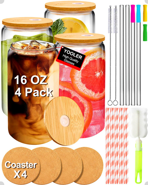 Yooler Glass Cups with Lids and Straws - 16oz Can Shaped Drinking Beer Glasses, Iced Coffee Cups, Cute Glass Tumbler with Straw and Bamboo Lid, Ideal for Cocktail, Whiskey, Gift (Set of 4)