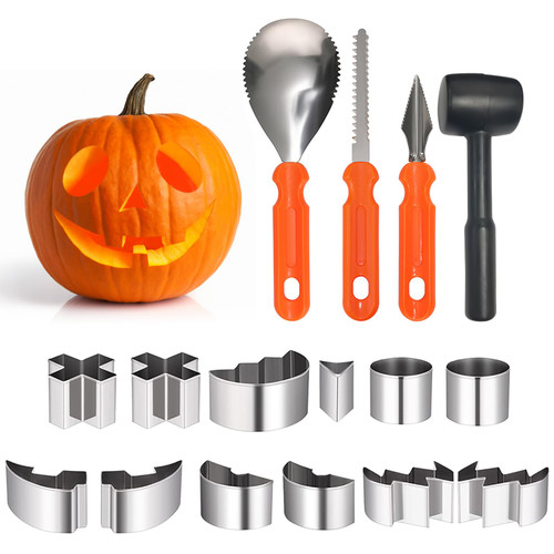 AHCSMRE 16Pcs Pumpkin Carving Kit Halloween Pumpkin Carving Tools Set,Heavy Duty Stainless Steel Carving Stencils with Hammer,Safe and Professional Pumpkin Carving Tool for Kids and Adults AHCSMRE 16Pcs Pumpkin Carving Kit Halloween Pumpkin Carving Tools Set,Heavy Duty Stainless Steel Carving Stencils with Hammer,Safe and Professional Pumpkin Carving Tool for Kids and Adults