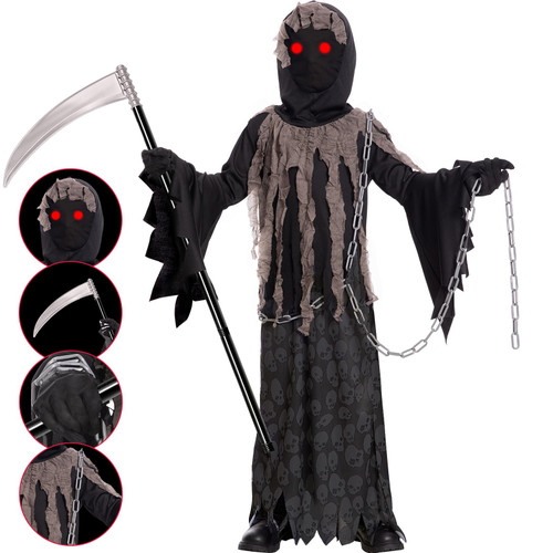 Grim Reaper Costume for Kids Phantom Halloween Costume with Creepy Red Glowing Eyes, Gloves, Scythe included