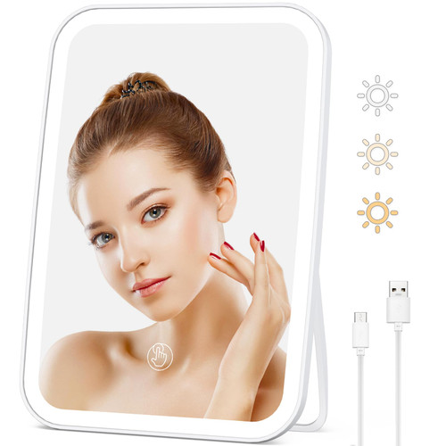 LUVONI Makeup Mirror with Lights, 8.6"x6.1" Rechargeable Travel Vanity Mirror with Stand, 3 Color LED Lighting Dimmable Brightness Adjustable Angle Compact Mirror Portable Cosmetic Mirror for Women